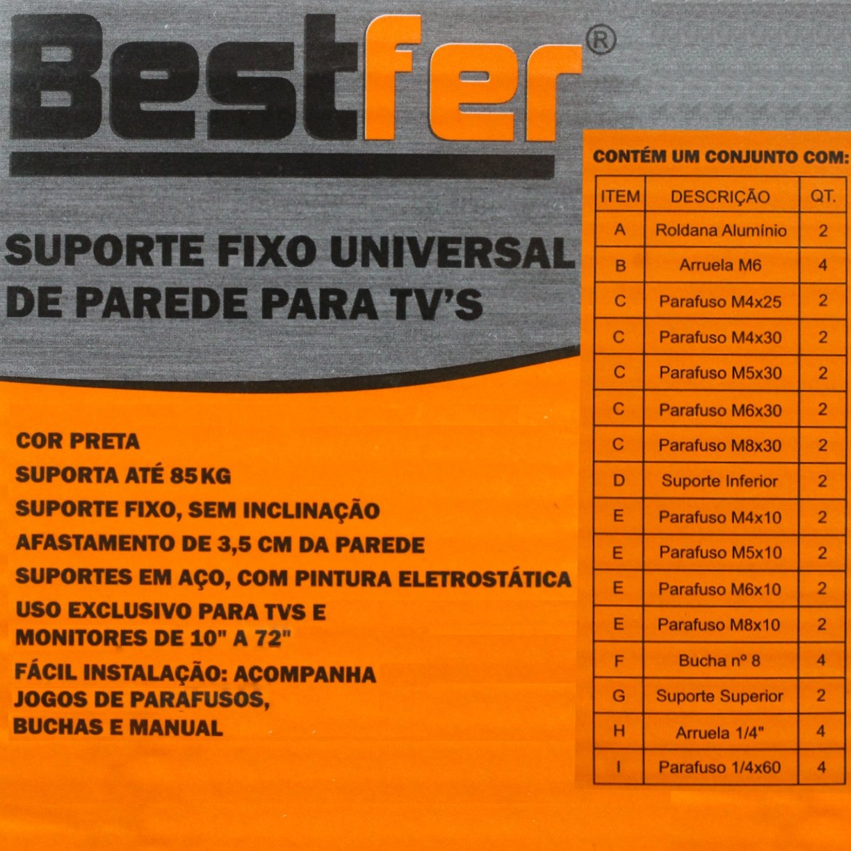 suporte fixo de tv bestfer universal 10 a 72 ate 85kg 3