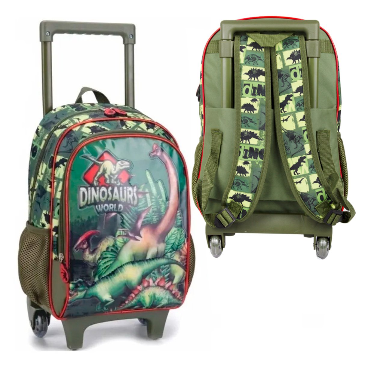 kit mochila de rodinhas infantil juvenil lancheira estojo dinossauro fenix 7